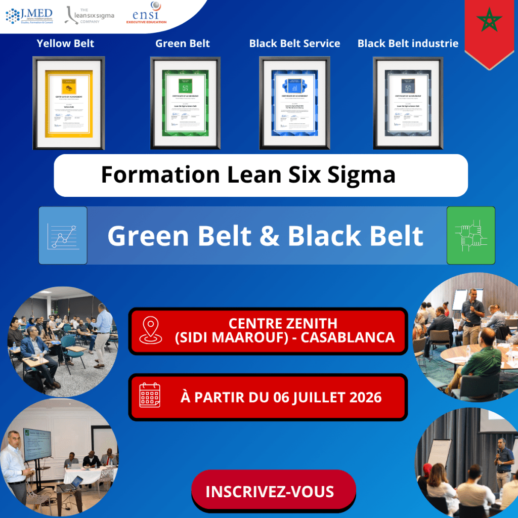 Prochaine session Lean Six Sigma au Maroc Date de démarrage : 06 juillet 2026 Lieu : Centre Zenith, Sidi Maarouf – Casablanca, Maroc