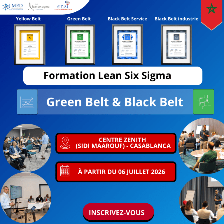 Prochaine session Lean Six Sigma au Maroc Date de démarrage : 06 juillet 2026 Lieu : Centre Zenith, Sidi Maarouf – Casablanca, Maroc